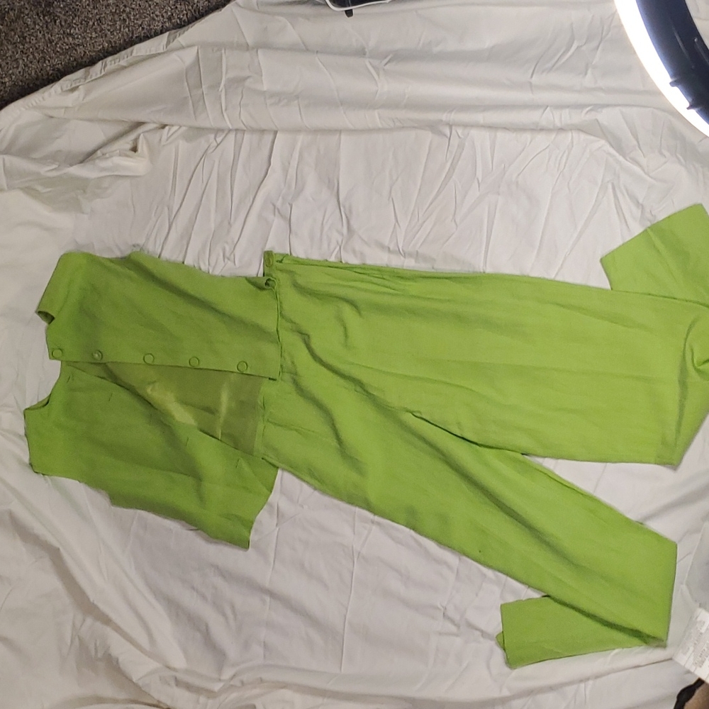 Vintage Express Tailleur Lime 2pc Vest Set Top 1/2 Pants 3/4
